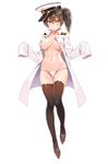 admiral_(kantai_collection) admiral_(kantai_collection)_(cosplay) black_legwear blush breasts brown_eyes brown_hair cameltoe closed_mouth commentary_request cosplay expressionless full_body fundoshi hat japanese_clothes kaga_(kantai_collection) kantai_collection large_breasts long_sleeves lowleg mx2j_(nsh6394) navel no_bra open_clothes open_shirt peaked_cap sandals shirt short_hair side_ponytail simple_background sleeves_past_wrists solo thigh_gap thighhighs white_background 