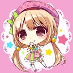  blonde_hair bow brown_eyes chibi enjoy_mix finger_to_mouth flower frilled_skirt frills futaba_anzu green_bow hair_bobbles hair_ornament hat hat_bow idolmaster idolmaster_(classic) idolmaster_cinderella_girls idolmaster_one_for_all long_hair lowres skirt smile solo star striped striped_skirt thighhighs twintails v white_legwear wrist_cuffs zettai_ryouiki 