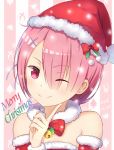  1girl alternate_costume bell christmas commentary dated detached_sleeves dot_nose english_commentary english_text eyebrows_visible_through_hair eyes_visible_through_hair face finger_to_face fluff hair_ornament hair_over_one_eye hairclip hat neck_bell pink_hair ram_(re:zero) re:zero_kara_hajimeru_isekai_seikatsu red_eyes red_hat red_ribbon ribbon santa_hat short_hair signature smile solo star viikcy viiker_zhu white_neckwear x_hair_ornament 