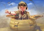 :o absurdres afrika_korps aircraft airplane bangs binoculars blonde_hair bomb buttons cloud colored_eyelashes day desert dust dust_cloud epaulettes erica_(naze1940) goggles goggles_on_head ground_vehicle hair_between_eyes hat hatch headset highres ju_87 looking_to_the_side military military_uniform military_vehicle motor_vehicle open_mouth original outdoors outstretched_arm pocket pointing polka_dot ponytail purple_eyes short_hair short_ponytail skull_and_crossbones sky sleeves_rolled_up smoke soldier solo tank throat_microphone uniform upper_body war watch world_war_ii wristwatch 