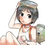  black_hair diving_mask diving_mask_on_head itomugi-kun kantai_collection maru-yu_(kantai_collection) one-piece_swimsuit open_mouth school_swimsuit short_hair swimsuit white_school_swimsuit white_swimsuit 