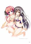  :d barefoot bikini black_hair blush breast_press breasts brown_eyes cleavage criss-cross_halter front-tie_top hair_ribbon halter_top halterneck highres iiyama_momoka iiyama_riko large_breasts leg_up long_hair looking_at_viewer multiple_girls navel nozomi_tsubame open_mouth pink_hair purple_eyes ribbon side-tie_bikini simple_background smile swimsuit uchi_no_isourou_ga_sekai_wo_shouaku_shiteru! white_background 