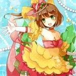  :d bow breasts brown_hair cardfight!!_vanguard character_request choker cleavage collarbone detached_sleeves dress elbow_gloves frilled_dress frills gloves green_eyes hair_bow hair_ornament hair_ribbon looking_at_viewer medium_breasts open_mouth prism_promise_labrador reaching ribbon short_hair smile solo yellow_dress yon_(letter) 