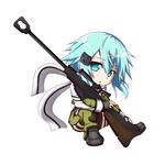  aqua_eyes aqua_hair blue_eyes chibi gun highres kuena pgm_hecate_ii rifle short_hair sinon sniper_rifle solo sword_art_online weapon 