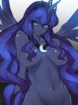  ban blue_eyes blue_hair breasts crescent_moon crown dark_skin groin hair_censor horn large_breasts long_hair looking_at_viewer luna_(my_little_pony) moon my_little_pony my_little_pony_friendship_is_magic navel personification sketch solo very_long_hair wings 