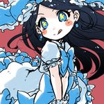 black_hair blue_bow blue_dress blue_eyes blush bow dress earrings frilled_bow frilled_dress frills hair_bow highres jewelry long_hair pikomarie pink_background puffy_short_sleeves puffy_sleeves puzzle_&amp;_dragons short_sleeves smile snow_white_(p&amp;d) solo spot_color star star-shaped_pupils symbol-shaped_pupils tongue tongue_out wrist_cuffs 