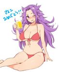  alcohol bad_id bad_twitter_id beer bikini blush breasts congratulations jun'you_(kantai_collection) kantai_collection kekocha large_breasts long_hair looking_at_viewer navel one_eye_closed purple_eyes purple_hair red_bikini simple_background sitting solo spiked_hair swimsuit white_background 