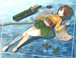 aircraft airplane arrow bare_legs barefoot bow_(weapon) brown_eyes brown_hair highres hiryuu_(kantai_collection) japanese_clothes kantai_collection kimono kimono_skirt looking_at_viewer lying on_back parted_lips partially_submerged pleated_skirt shallow_water skirt solo water weapon wide_sleeves yon_(letter) 