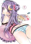  ass blush butt_crack candy chips crescent eating food food_in_mouth from_behind highres long_hair looking_at_viewer looking_back lying mugicha_(mugicha0929) on_stomach panties patchouli_knowledge pillow purple_hair sample solo striped touhou traditional_media trefoil underwear underwear_only watercolor_(medium) 