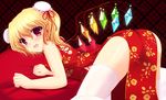  all_fours alternate_costume ass bare_shoulders blonde_hair blush china_dress chinese_clothes double_bun dress flandre_scarlet highres red_eyes shimotsuki_keisuke side_ponytail solo thighs touhou white_legwear wings 