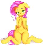  2014 anthro anthrofied equine female fluttershy_(mlp) friendship_is_magic fur green_eyes hair looking_at_viewer mammal my_little_pony nekubi nude pegasus pink_hair plain_background smile solo white_background wings yellow_fur 