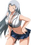  blue_skirt breasts chouun_shiryuu cleavage closed_eyes collarbone groin hand_on_hip ikkitousen large_breasts leaning_forward long_hair microskirt midriff navel silver_hair simple_background skirt solo white_background 