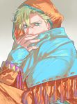  blonde_hair caesar_anthonio_zeppeli cloak facial_mark green_eyes highres hood idachi jojo_no_kimyou_na_bouken male_focus solo 