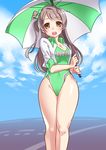  breasts brown_eyes brown_hair cleavage jacket kugata1 long_hair love_live! love_live!_school_idol_project medium_breasts minami_kotori open_mouth race_queen solo swimsuit umbrella 