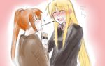  2girls blonde_hair blush brown_hair collared_shirt couple eyes_closed fate_testarossa food fujinon_(izayoi) hair_ornament happy long_hair lyrical_nanoha mahou_senki_lyrical_nanoha_force mahou_shoujo_lyrical_nanoha mahou_shoujo_lyrical_nanoha_strikers mahou_shoujo_lyrical_nanoha_vivid multiple_girls open_mouth pocky pocky_game pocky_kiss saliva shared_food shirt simple_background sketch sweater takamachi_nanoha very_long_hair yuri 