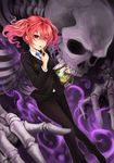  chips eating food formal highres holding inu_x_boku_ss ks looking_at_viewer necktie open_mouth pink_hair potato_chips purple_eyes roromiya_karuta skeleton snack solo suit twintails 
