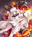  ahoge bad_id bad_pixiv_id black_panties dress highres horns kantai_collection long_hair looking_at_viewer machinery magenta_(atyana) mittens northern_ocean_hime open_mouth outstretched_arms panties shinkaisei-kan side-tie_panties spread_arms teeth torn_clothes underwear white_dress white_hair white_skin 