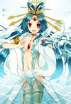  :d armlet blue_hair breasts cleavage djinn_equip forehead_jewel hair_ornament hair_stick highres holding long_hair looking_at_viewer magi_the_labyrinth_of_magic medium_breasts navel open_mouth polearm red_eyes ren_kougyoku smile solo trident weapon yon_(letter) 