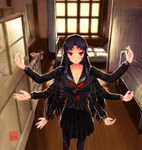 black_hair blush breasts cleavage infirmary large_breasts light_smile long_hair monster_girl muchousha multiple_arms original pink_eyes school_uniform signature silk skirt solo spider_web very_long_hair 