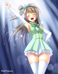  :d ^_^ arm_up armpits blush brown_hair closed_eyes dated hand_on_hip highres long_hair love_live! love_live!_school_idol_project minami_kotori one_side_up open_mouth smile solo start:dash!! thighhighs white_legwear yu-ta 