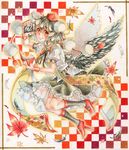  black_hair black_wings camera colored_pencil_(medium) feathered_wings feathers geta hat highres leaf looking_at_viewer maple_leaf notebook nou red_eyes sash shameimaru_aya solo tengu-geta tokin_hat touhou traditional_media wings 