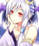  :&lt; armlet bare_shoulders blue_hair breasts ceres_(p&amp;d) chin_rest chisa cleavage collarbone crescent dated detached_sleeves earrings evil_ceres_(p&amp;d) hair_ornament hair_tubes head_wings hoop_earrings jewelry long_hair long_sleeves medium_breasts multicolored_hair puzzle_&amp;_dragons red_eyes solo twitter_username two-tone_hair upper_body white_hair wings 