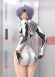  adjusting_clothes adjusting_leotard ass ayanami_rei bangs blurry bracer breasts closed_mouth cowboy_shot depth_of_field expressionless flat_ass from_behind gloves hair_between_eyes hair_ornament head_tilt highres indoors leotard looking_at_viewer looking_back neon_genesis_evangelion number pilot_suit plugsuit red_eyes short_hair silver_hair siraha small_breasts solo 