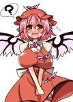  ? adapted_costume alternate_breast_size animal_ears bare_arms bare_shoulders bird_wings blush breast_squeeze breasts brown_dress brown_eyes dress fang flying_sweatdrops hat highres large_breasts mystia_lorelei open_mouth pink_hair rindou_(p41neko) sash sleeveless sleeveless_dress smile solo spoken_question_mark touhou v_arms wings 