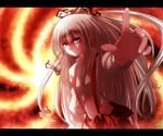  bow foreshortening fujiwara_no_mokou hair_bow long_hair navel nuka_(nvkka) red_eyes shirt solo suspenders touhou white_hair 