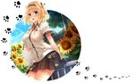  blonde_hair blue_eyes blush breasts covered_nipples fence flower hair_ribbon hairband hatachi highres large_breasts one_side_up open_mouth original paw_print ribbon see-through_silhouette shirt_grab short_hair skirt solo sunflower tree wall wet wet_clothes 