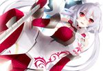  :d holding innocent_one long_hair looking_at_viewer matataki matoi_(pso2) open_mouth phantasy_star phantasy_star_online_2 red_eyes silver_hair smile solo staff twintails 