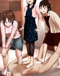  1boy 3girls barefoot blush breasts brown_hair censored clothed_female_nude_male dress feet femdom flat_chest foot_on_head footjob long_hair multiple_girls no_shoes open_mouth penis skirt smell smile socks trampling warumajirowarumajiro 