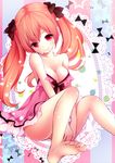 bare_legs bare_shoulders barefoot breasts cleavage collarbone dress eyebrows_visible_through_hair feet hair_ribbon head_tilt legs long_hair looking_at_viewer medium_breasts mintsu_(ichi--kun) nightgown orange_hair original pink_dress red_eyes ribbon smile soles solo strapless strapless_dress tareme thighs toes twintails 