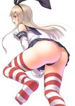  ass blonde_hair blue_skirt elbow_gloves ese_shinshi gloves green_eyes hairband kantai_collection leg_up long_hair no_shoes open_mouth shimakaze_(kantai_collection) simple_background skirt solo striped striped_legwear thighhighs white_background white_gloves 