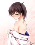  artist_name blush brown_eyes brown_hair gradient gradient_background haryuu_(poetto) japanese_clothes kaga_(kantai_collection) kantai_collection light_smile looking_at_viewer looking_to_the_side nape off_shoulder petals pink_background shoulder_blades side_ponytail signature smile solo undressing 