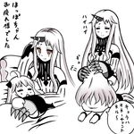  =_= ahoge anklet barefoot blanket claws comic horn horns hug jewelry kantai_collection long_hair lying md5_mismatch monochrome multiple_girls northern_ocean_hime open_mouth pillow red_eyes roshiakouji-chan seaport_hime shinkaisei-kan sleeping smile translated 