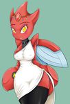  2013 anthro basketgardevoir breasts clothed clothing female looking_at_viewer nintendo orange_eyes plain_background pok&eacute;mon red_body scizor smile solo standing video_games wings 