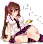  arm_support blush breasts brown_hair cellphone checkered checkered_skirt cleavage collarbone green_panties hair_ribbon hat himekaidou_hatate large_breasts long_hair looking_at_viewer morochin_(mo_loss_an) panties pantyshot pantyshot_(sitting) phone pointy_ears puffy_short_sleeves puffy_sleeves purple_eyes ribbon short_sleeves simple_background sitting skirt solo striped striped_panties sweatdrop tokin_hat touhou twintails undertime underwear untied white_background yokozuwari 