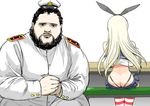  1girl admiral_(kantai_collection) animal_ears ass beard bench black_eyes black_hair blonde_hair bunny_ears butt_crack buttons commentary_request crop_top downpants elbow_gloves facial_hair facing_away fake_animal_ears fat fat_man from_behind gloves grand_prix_richmond_crackstyle_(meme) hands_together hat highleg highleg_panties horizontal_stripes jacket kantai_collection long_hair long_sleeves looking_at_viewer lowres magic:_the_gathering meme microskirt military military_uniform mini_hat mono_(moiky) own_hands_together panties parody pleated_skirt real_life serious shimakaze_(kantai_collection) shirt simple_background sitting skirt sleeveless sleeveless_shirt striped striped_legwear table thighhighs thong underwear uniform whale_tail white_background white_jacket 