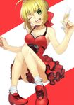  ahoge alcohol blonde_hair breasts casual cleavage dress fate/extra fate_(series) green_eyes hair_ribbon medium_breasts modern_costume_of_crimson nero_claudius_(fate) nero_claudius_(fate)_(all) one_eye_closed red_dress ribbon ruchi solo wine 