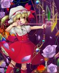  alternate_weapon archery blonde_hair bow_(weapon) candle chain cross-laced_footwear flandre_scarlet flower frilled_hat frilled_skirt frills hat hat_ribbon highres kakiikada laevatein mob_cap petals red_eyes ribbon rose short_hair skirt smile solo touhou vest weapon wings 
