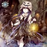  black_dress black_hair blood boogeyman_(monster_monster) brown_eyes building capelet chain copyright_name dress hat holding knife lantern long_hair looking_at_viewer miyase_mahiro monster_monster official_art parted_lips skull_necklace solo torn_clothes 