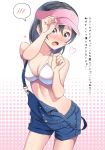  1girl bangs bikini bikini_top black_hair blush breasts cleavage commentary_request embarrassed hat heart love_live! love_live!_sunshine!! love_live!_sunshine!!_the_school_idol_movie_over_the_rainbow medium_breasts overalls paw_pose purple_eyes shorts single_tear solo speech_bubble star swimsuit translation_request visor_cap watanabe_tsuki white_bikini yamamoto_chavez 