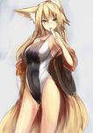 animal_ears blonde_hair blush breasts competition_swimsuit food fox_ears fox_tail green_eyes haik highleg highleg_swimsuit highres kokonoe_tsubaki large_breasts long_hair looking_at_viewer multiple_tails one-piece_swimsuit open_mouth original popsicle simple_background sketch solo swimsuit tail 