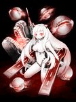  airfield_hime bodysuit floating_fortress_(kantai_collection) highres horns kajaneko kantai_collection kneeling long_hair looking_at_viewer machinery red_eyes shinkaisei-kan teeth traditional_media white_hair white_skin 