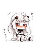  ahoge bluetenbin blush crying crying_with_eyes_open dress horns kantai_collection long_hair looking_at_viewer mittens northern_ocean_hime red_eyes shinkaisei-kan simple_background sitting tears translated white_background white_dress white_hair white_skin 