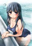 ahoge alternate_costume black_hair breasts cleavage kantai_collection kantori large_breasts long_hair looking_at_viewer one-piece_swimsuit pool purple_eyes school_swimsuit solo swimsuit undersized_clothes ushio_(kantai_collection) water wet 