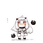  1girl ahoge bluetenbin dress horns kantai_collection long_hair looking_at_viewer mittens northern_ocean_hime red_eyes shinkaisei-kan simple_background white_background white_dress white_hair white_skin 