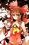  ascot bad_id bad_pixiv_id bare_shoulders bow brown_hair detached_sleeves hair_bow hair_tubes hakurei_reimu hazuki_shino highres red_eyes sarashi solo touhou 