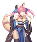  animal_ears bare_shoulders bow breasts cleavage detached_sleeves fate/extra fate_(series) fox_ears fox_tail hair_bow hair_ribbon japanese_clothes large_breasts pink_hair ribbon simple_background solo tail tamamo_(fate)_(all) tamamo_no_mae_(fate) thighhighs tsukikanade twintails white_background yellow_eyes 
